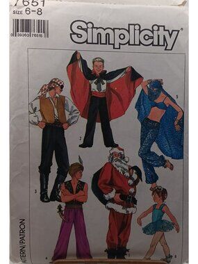 Vintage Simplicity 7651 Boys & Girls Costume Sewing Pattern Sizes 6-8 Pirate San